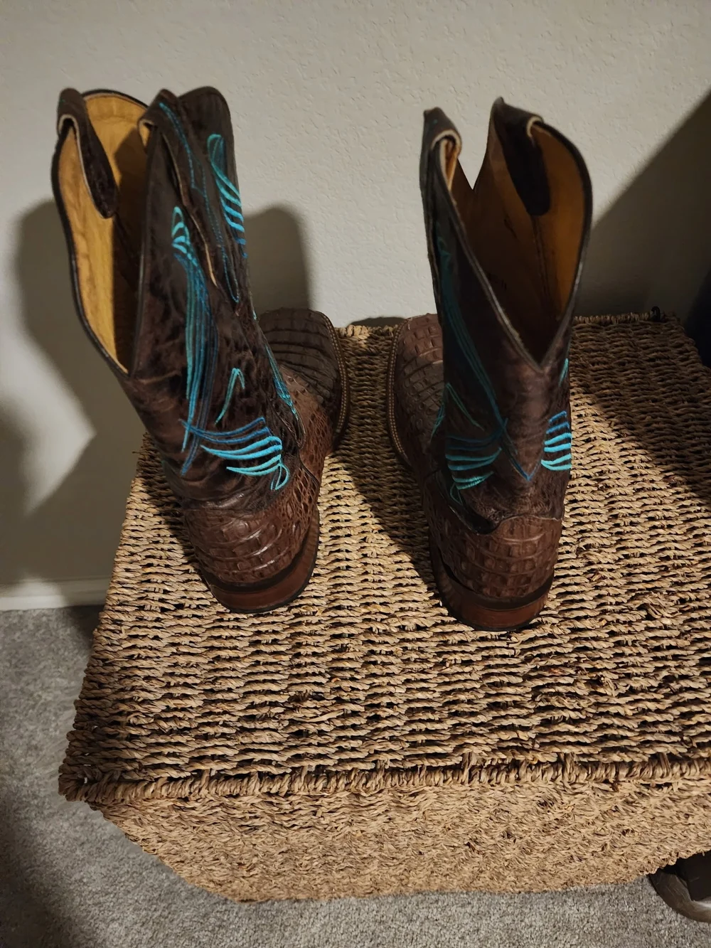 Brown Crocodile-Embossed Western Boots with Turquoise Stitching